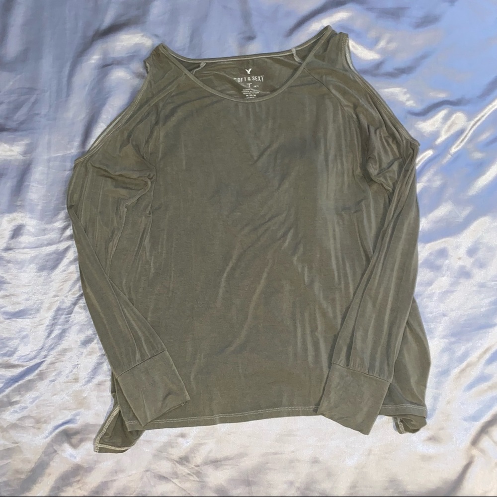 Green open shoulder long sleeve top